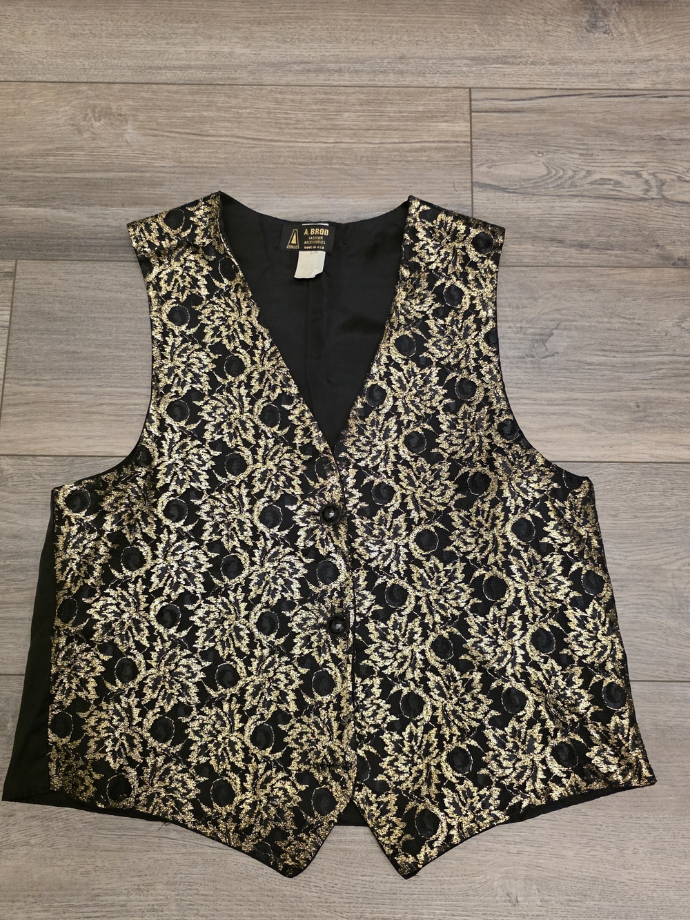 Vest Vtg 80-90s A. Brod Fashions Black Gold Brocade Vest Metallic Leaf Jacquard